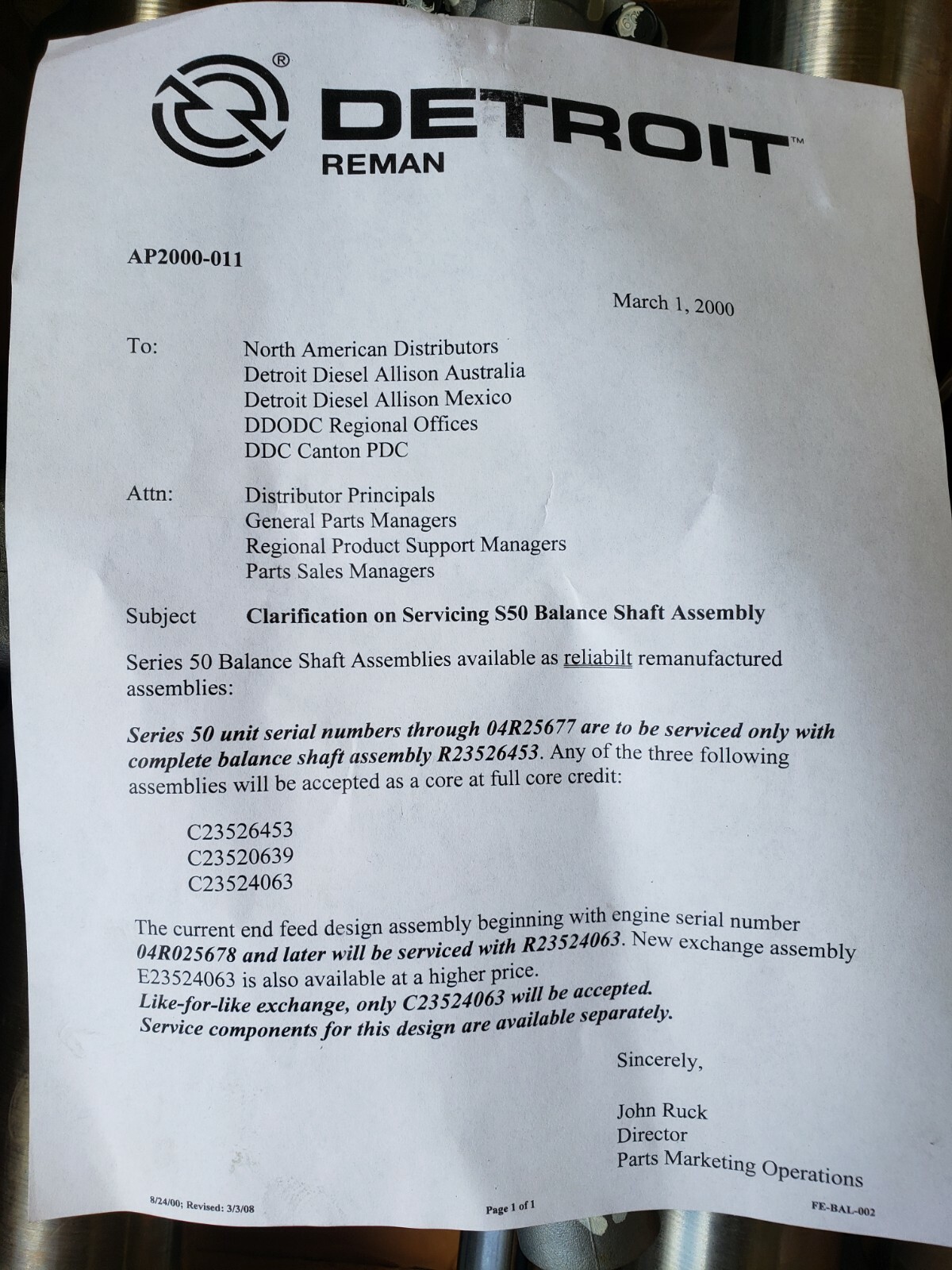 Detroit Diesel Balance Shaft R23524063 Detroit Reman Unit New In Box, NO CORE!