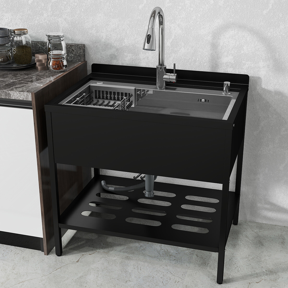 Stainless Steel Kitchen Sink Single Bowl w/ Faucet Shelf Bathroom Utility Sinks