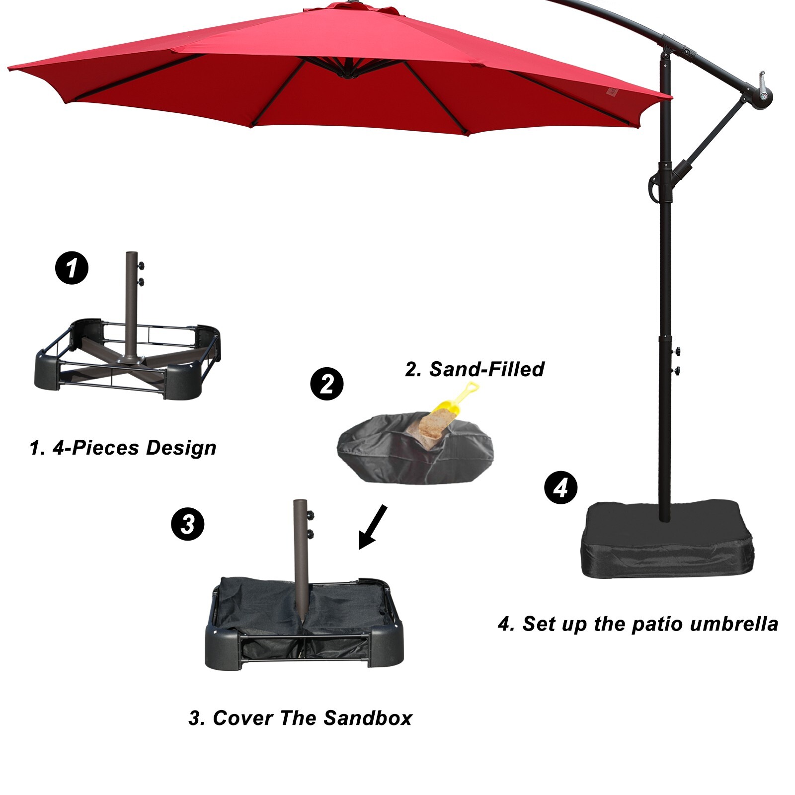 Aoodor 10ft Offset Patio Umbrella Cantilever Hanging Market Umbrella with Base