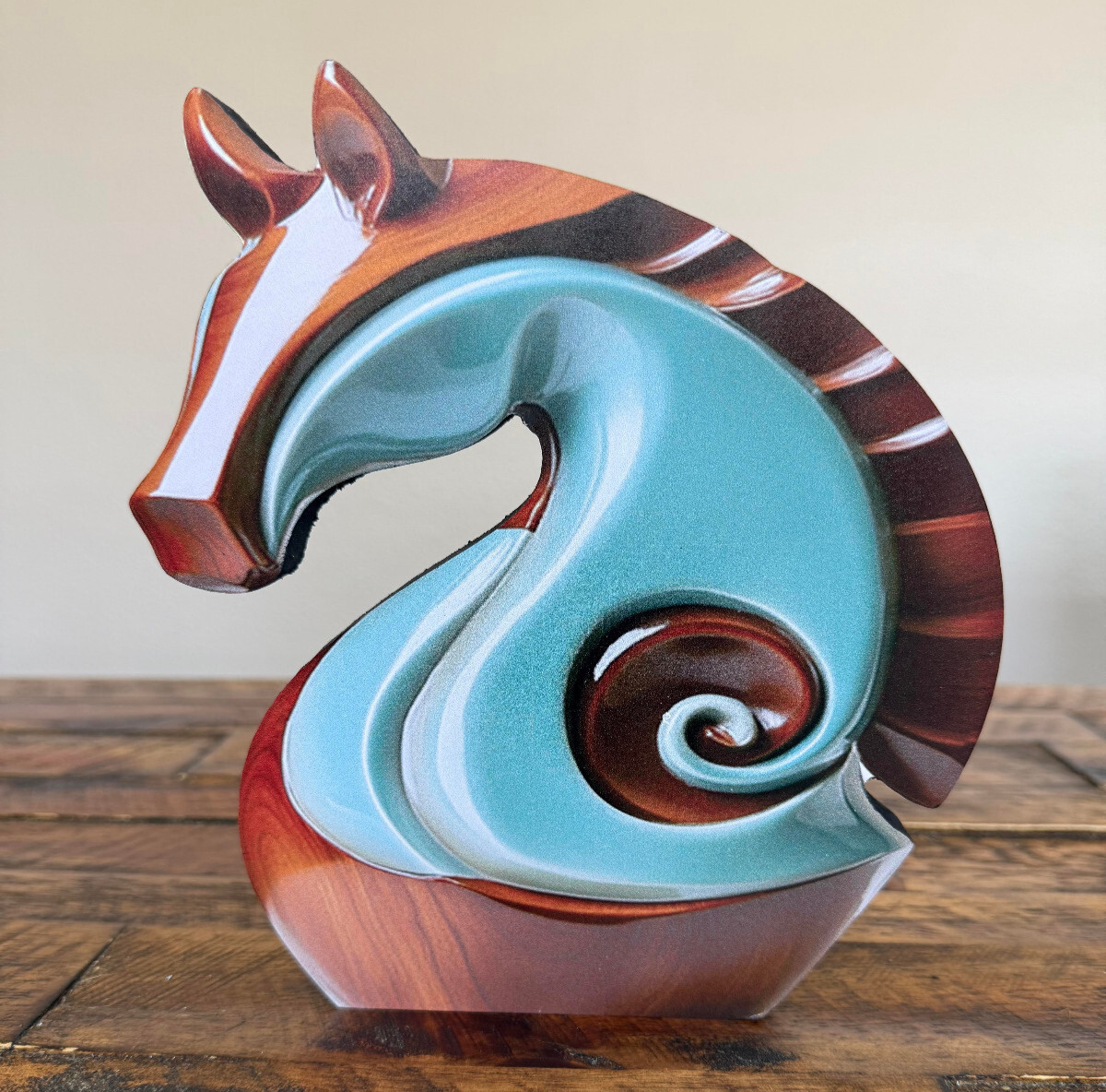 NEW 2D 8" Blue+Brown Horse Head Bust Color Accents Laminated Wood Figurine 8x7x1