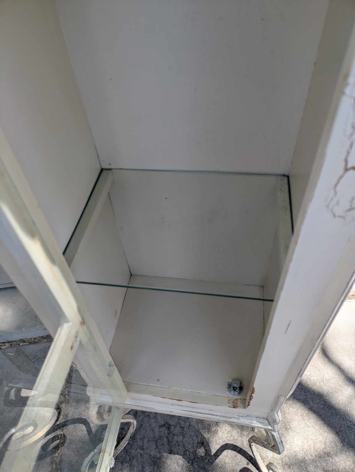 Vintage Shabby Chic French Country Cottage White Curio Display Cabinet Iron Legs