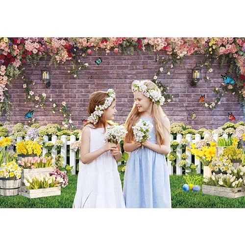 7x5ft Spring Backdrop for Photography Flower Fence Pink Brick Wall 7’x5‘