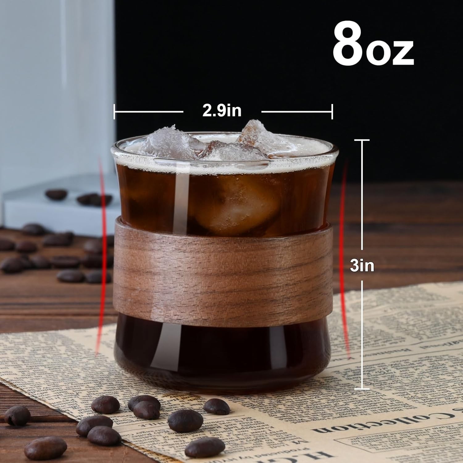 Espresso Cups Set of 2 with Wooden Ring, 8 OZ High Borosilicate Espress