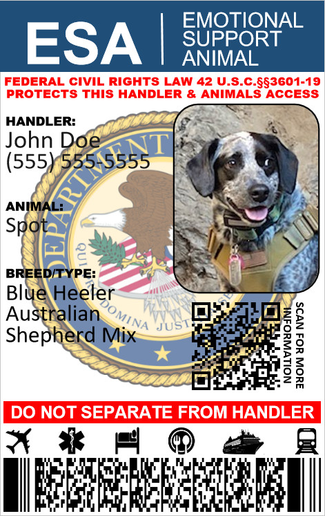 EMOTIONAL SUPPORT ANIMAL ESA ID CARD CUSTOMIZABLE 1 SIDED PHYSICAL&DIGITAL CARD