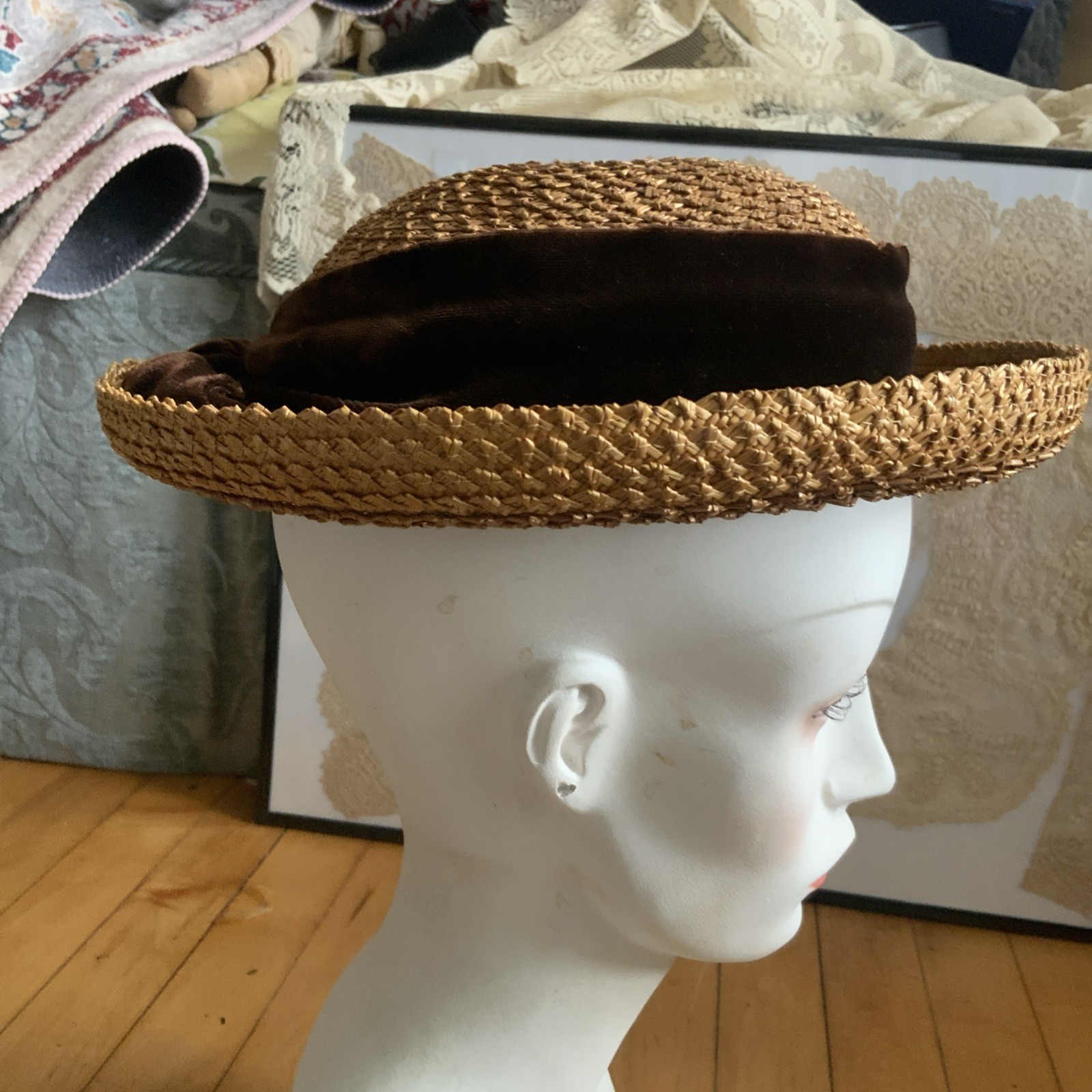 STRAW BOATER SKIMMER HAT BROWN RIBBON BOW VINTAGE WOMENS SIZE 22 ROLLED BRIM