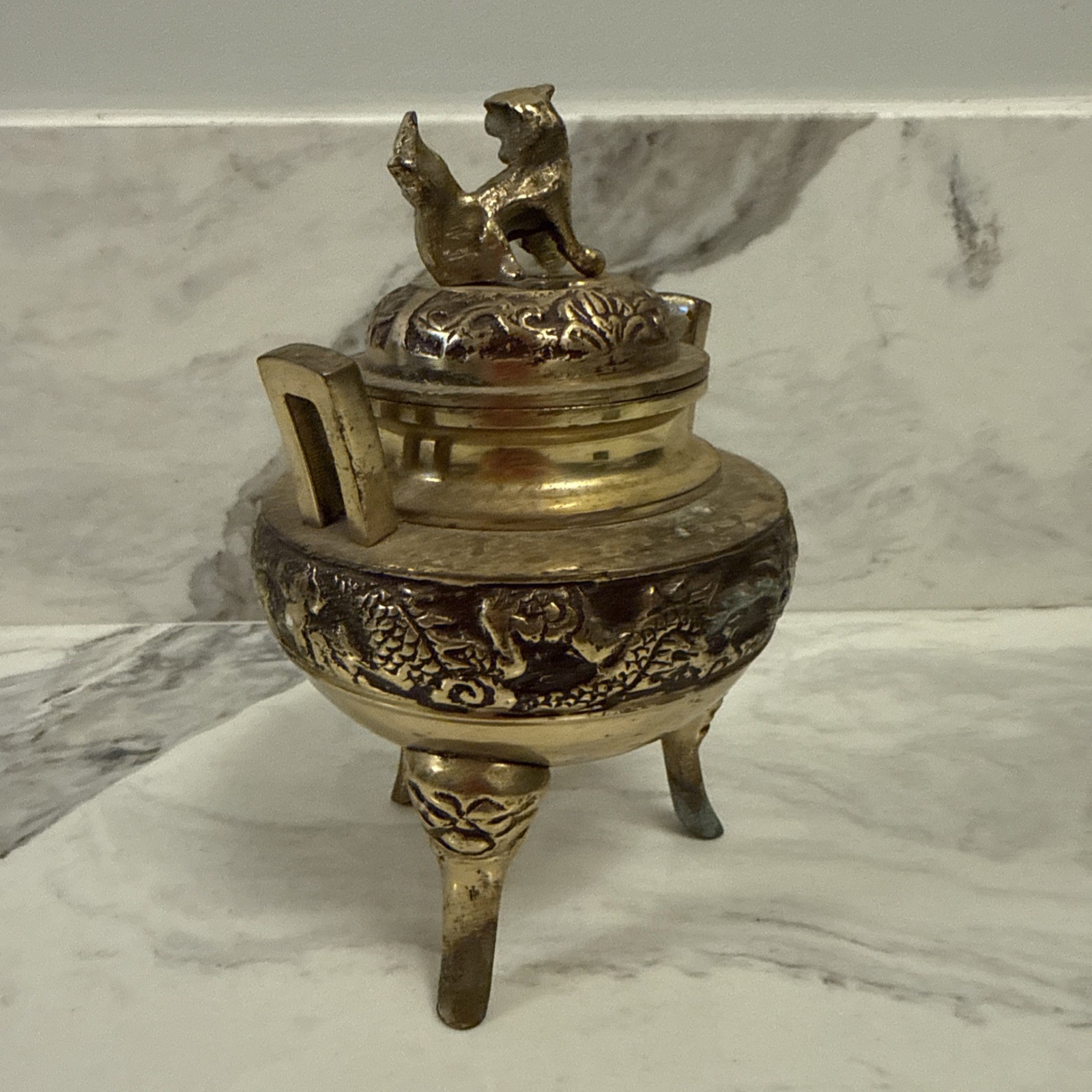 Old Chinese Metal Censer Foo Dog Dragon Motif Estate Find