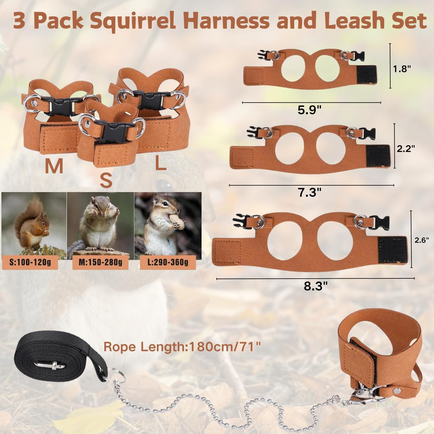 3 Pack Squirrel Harness and Lesh Set Adjustable Leather and Traction Rope Strap