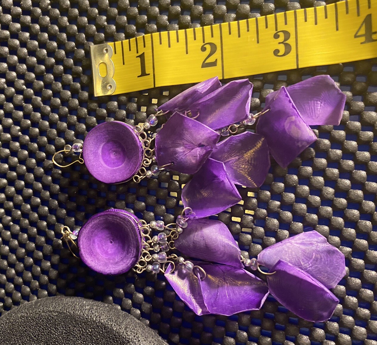 Artisan Purple Scales Leaf Shape On Round Sea Life Discs Dangle Beaded Earrings