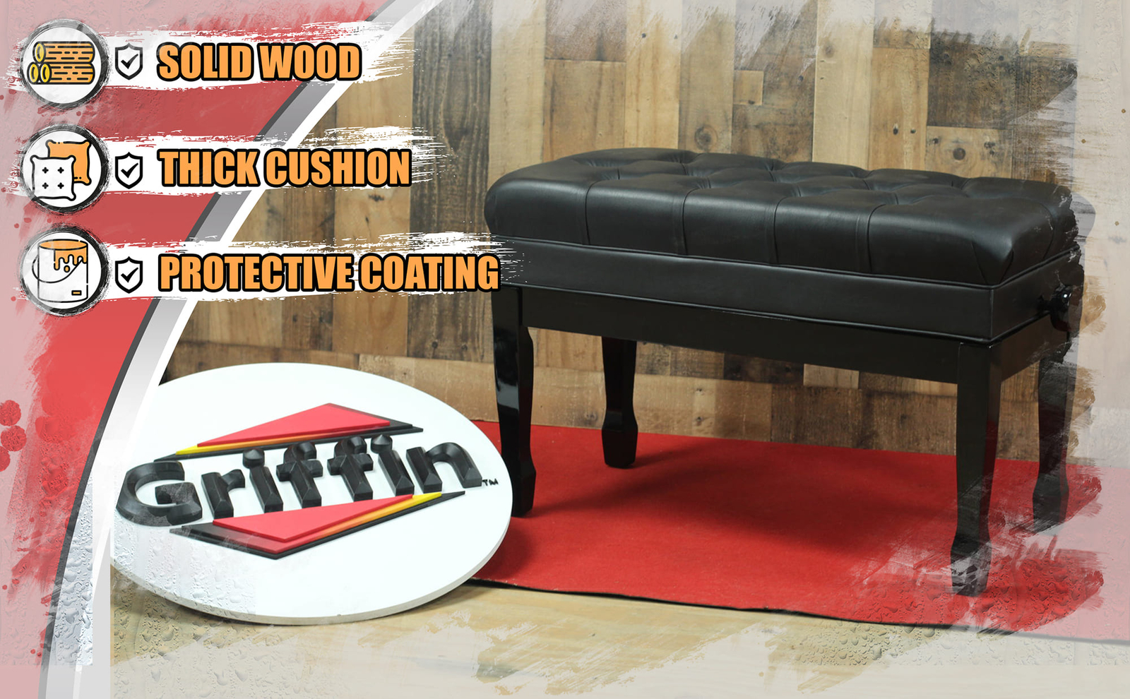 GRIFFIN Genuine Leather Duet Piano Bench Seat | Black Wood Keyboard Guitar Stool