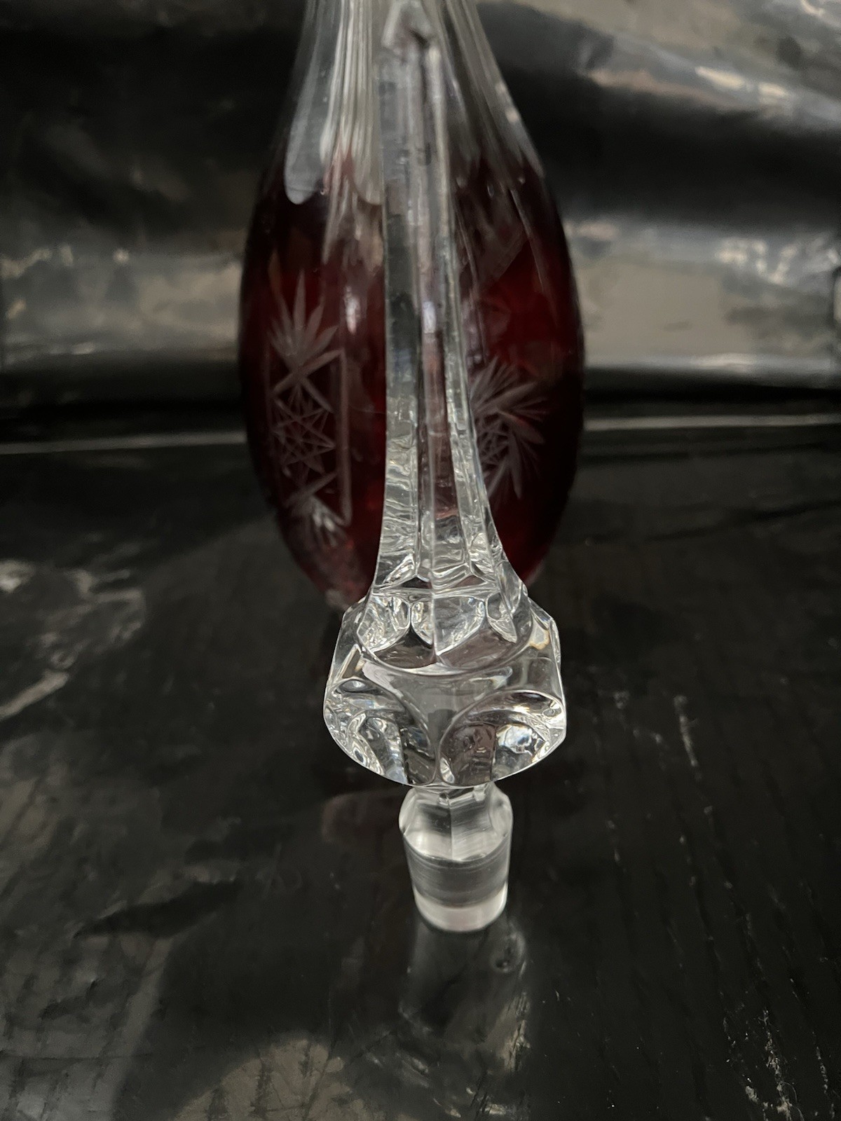 VINTAGE Ruby Red Cut to Clear Crystal Decanter [725]
