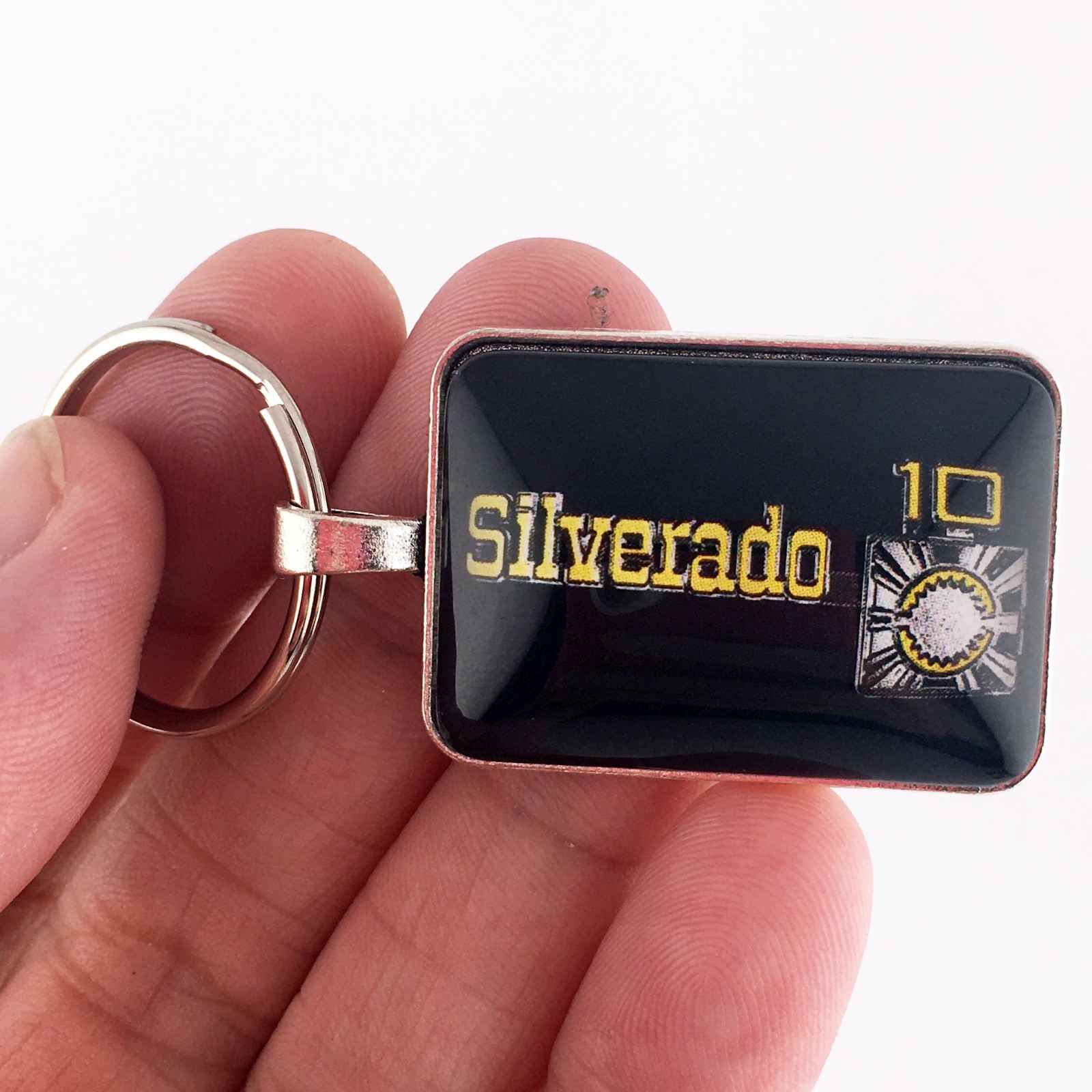 Vintage Chevy Silverado 10 Chrome Fender Emblem CHOOSE BACKGROUND COLOR Keychain