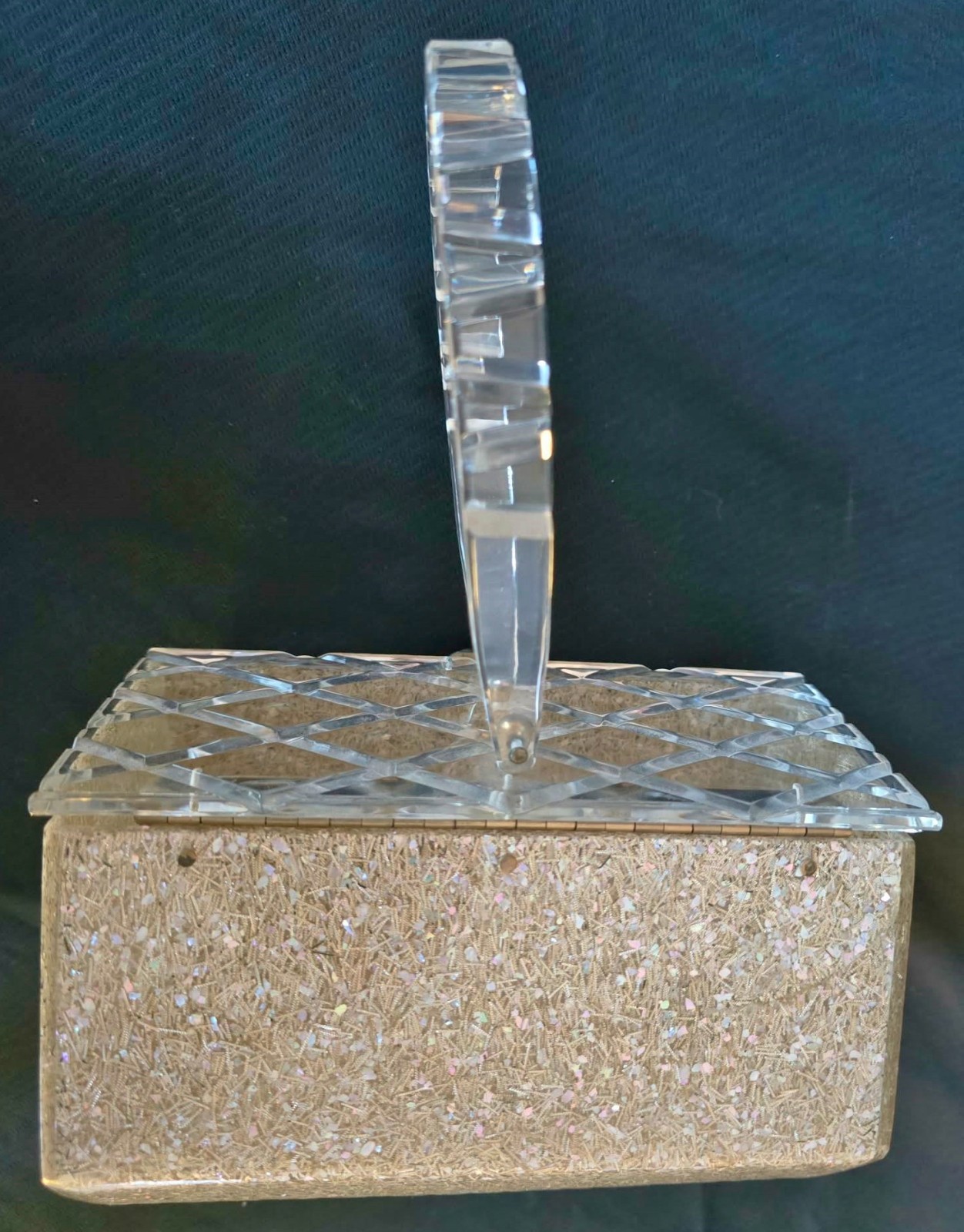 Vintage Charles S. Kahn Lucite Glitter Box Purse 1950s Crystal Cut Top & Handle