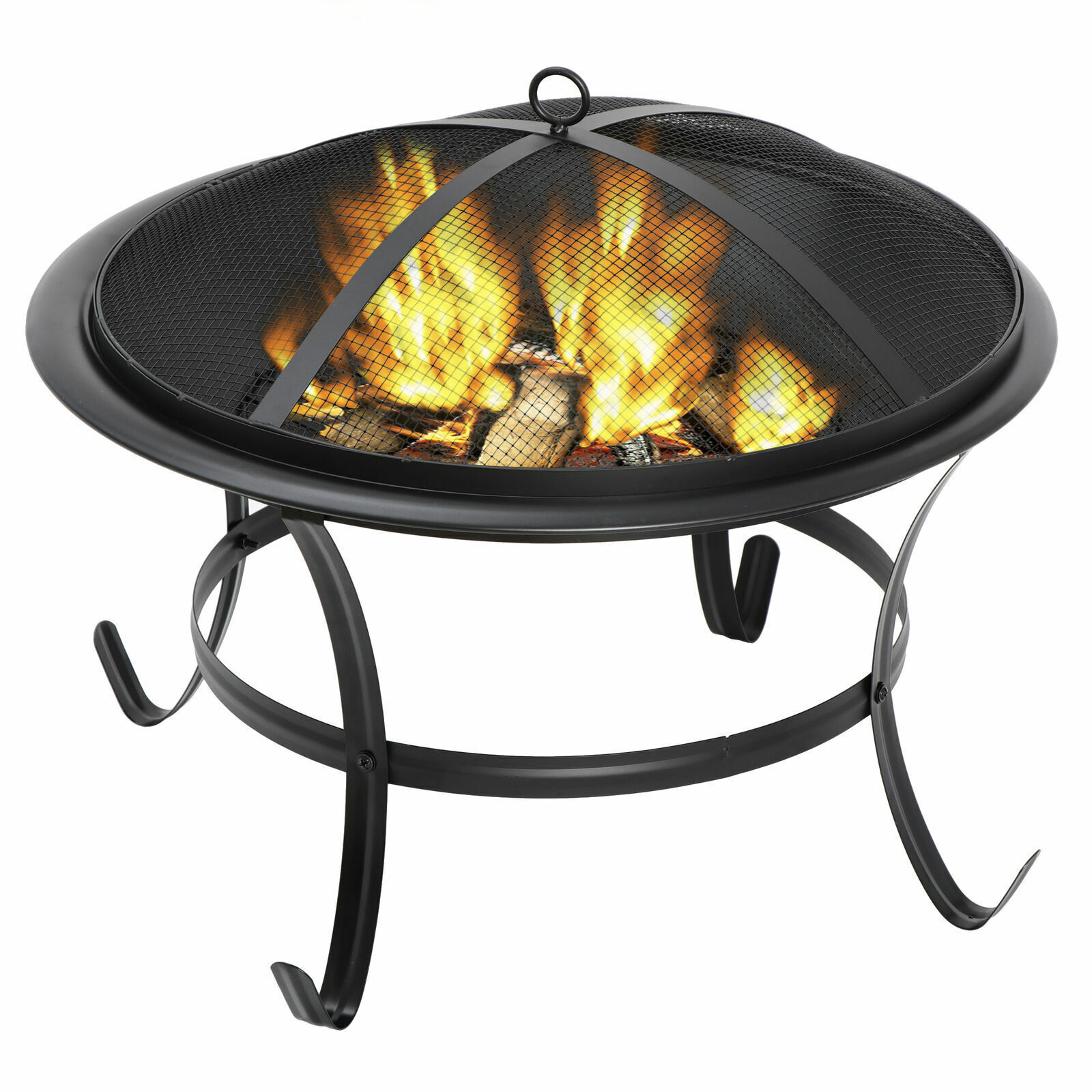 22" Round Fire Pit Patio Wood Burning Bowl Stove Fireplace W/ Lid Poker Black