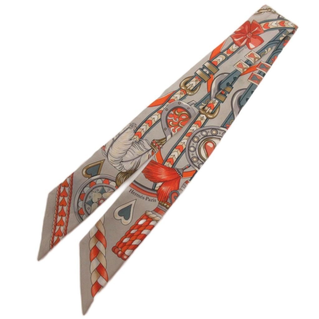 Hermès Twilly Arne de Coeur Orange Silk Scarf 84cm Used