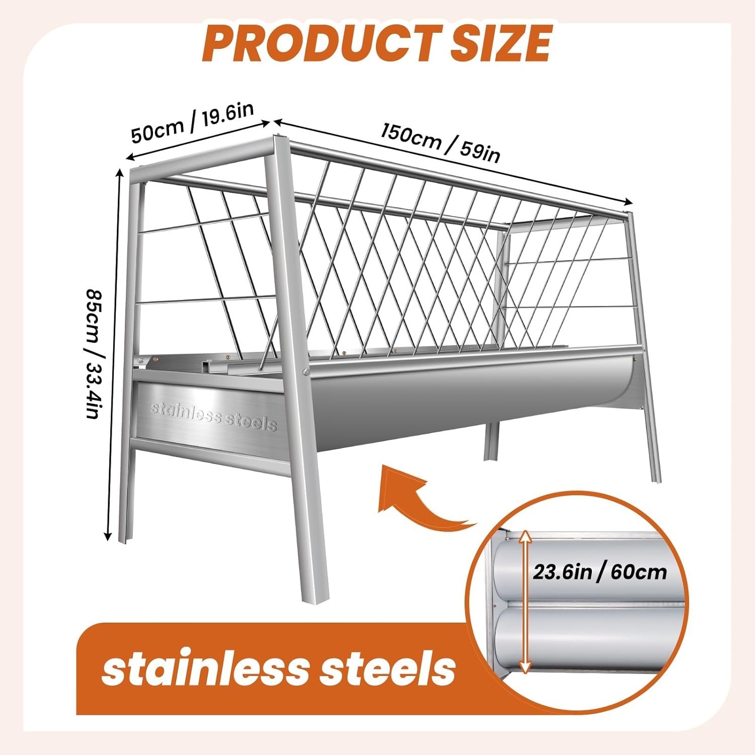 99 Gal Goat Hay Feeder 2 in 1 Stainless Steel Livestock Feed Trough with Tray
