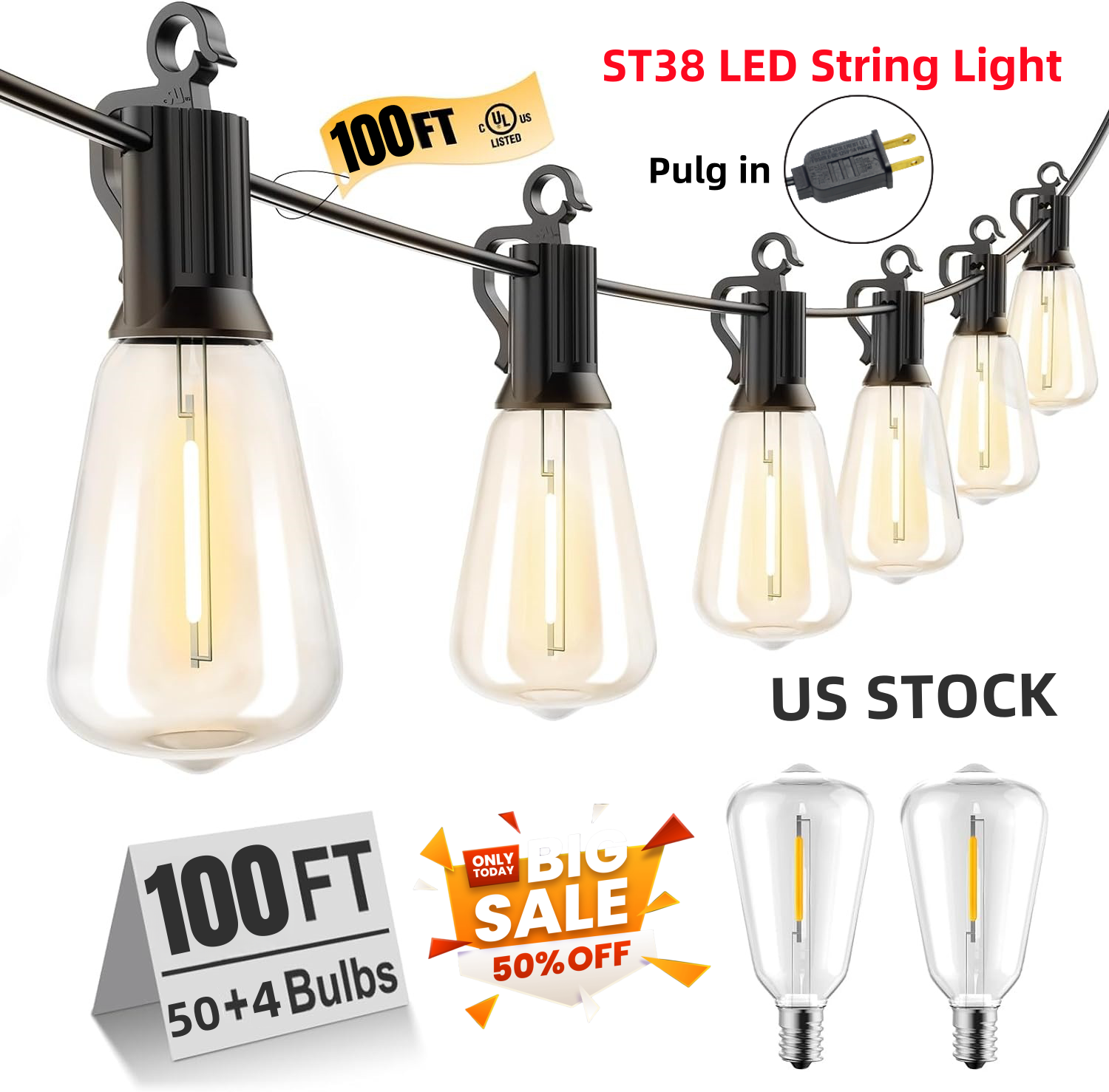 String Lights - 100 Feet LED Outdoor String Lights - Shatterproof, Waterproof