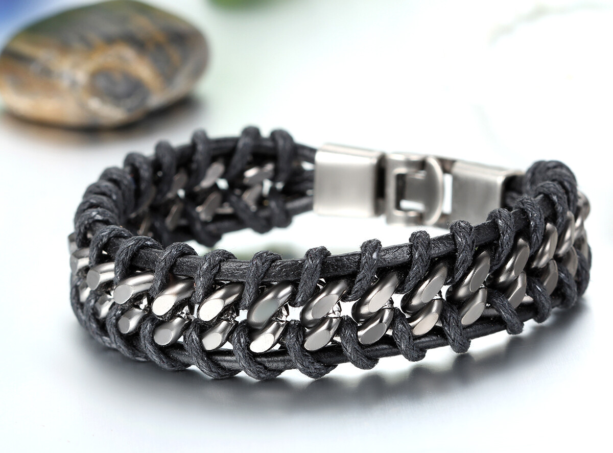 Black Braided Leather Silver Stainless Steel Cuban Chain Men's Bracelet Bangle