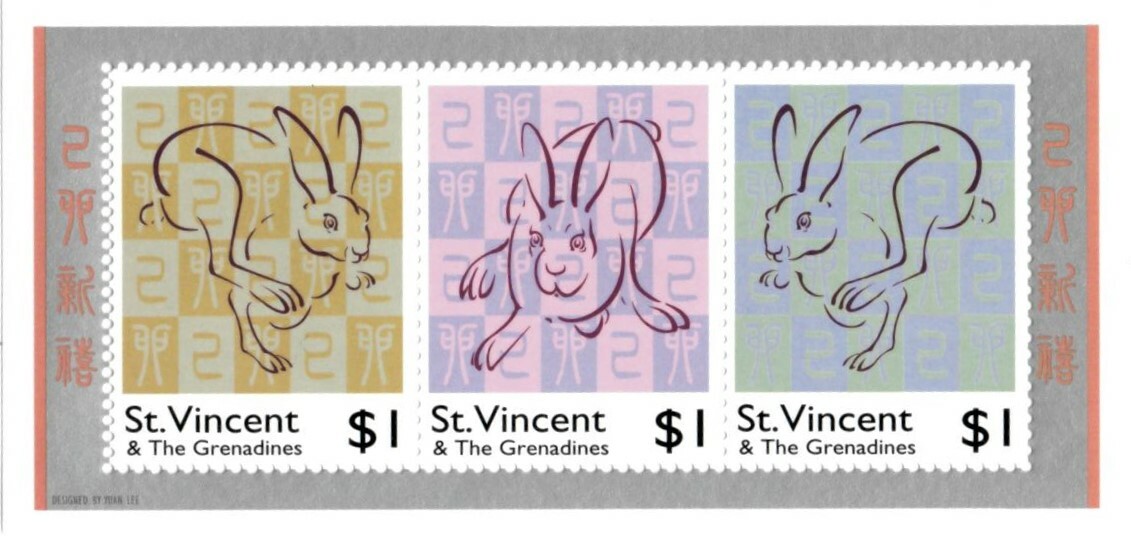 St. Vincent 1999 SC# 2657 Lunar Year of Rabbit, Hare - Sheet of 3 Stamps - MNH