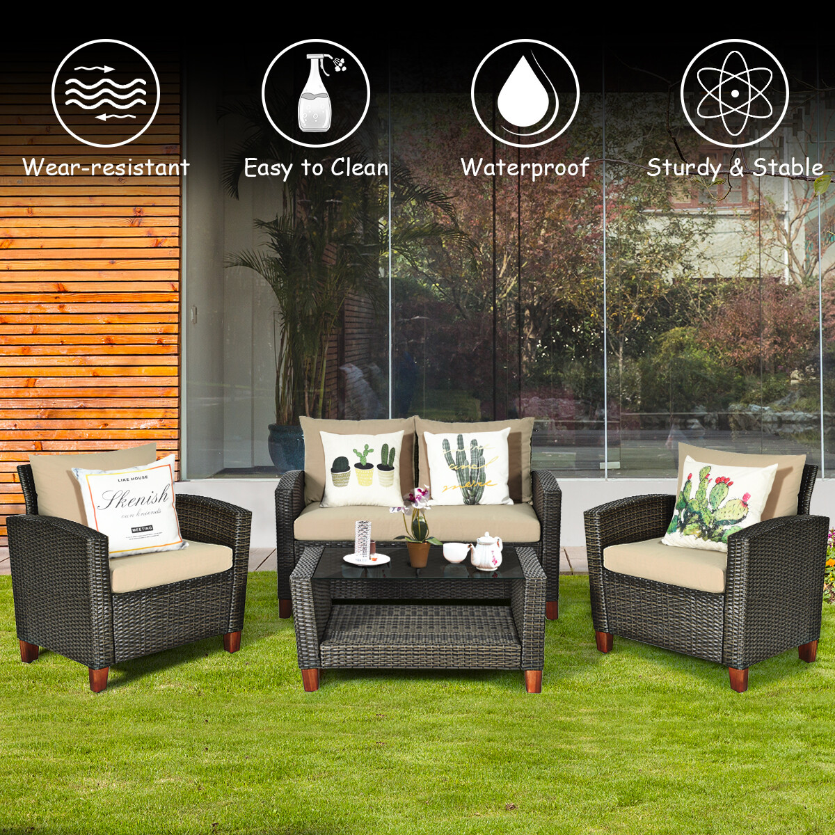 4PCS Patio Rattan Furniture Set Solid Wood Leg Cushioned Sofa Garden Lawn