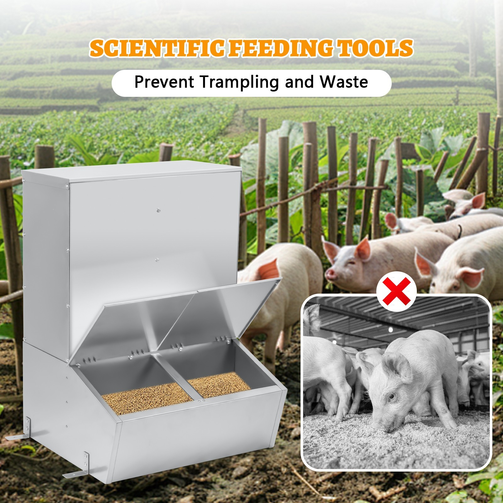 Hog Feeder,3 Bushel Double Door Automatic Pig Feeder,Galvanized Steel Pig Trough