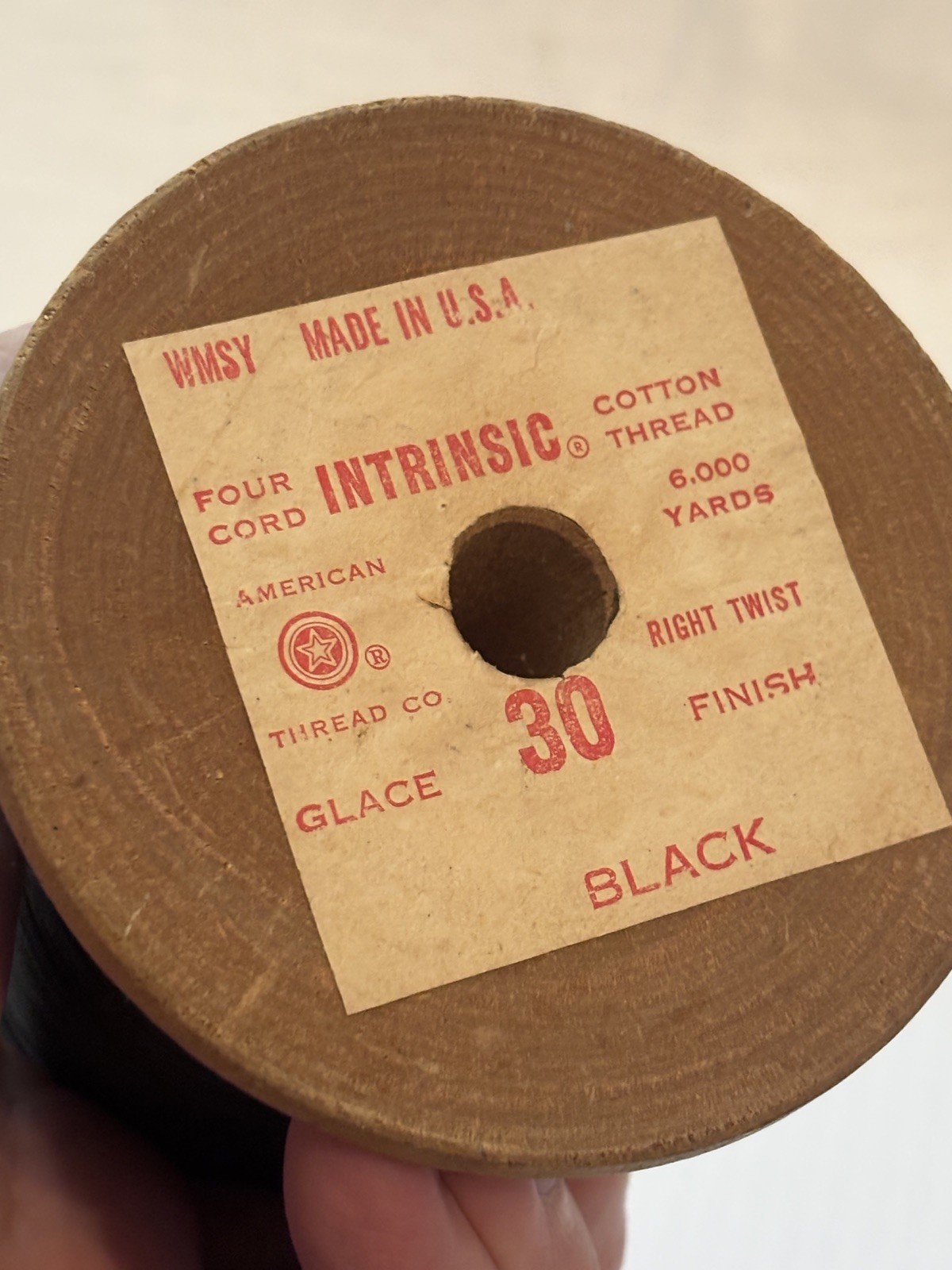 Intrinsic Wood Spool Black Cotton Thread #30 Vintage - American Thread Co. USA