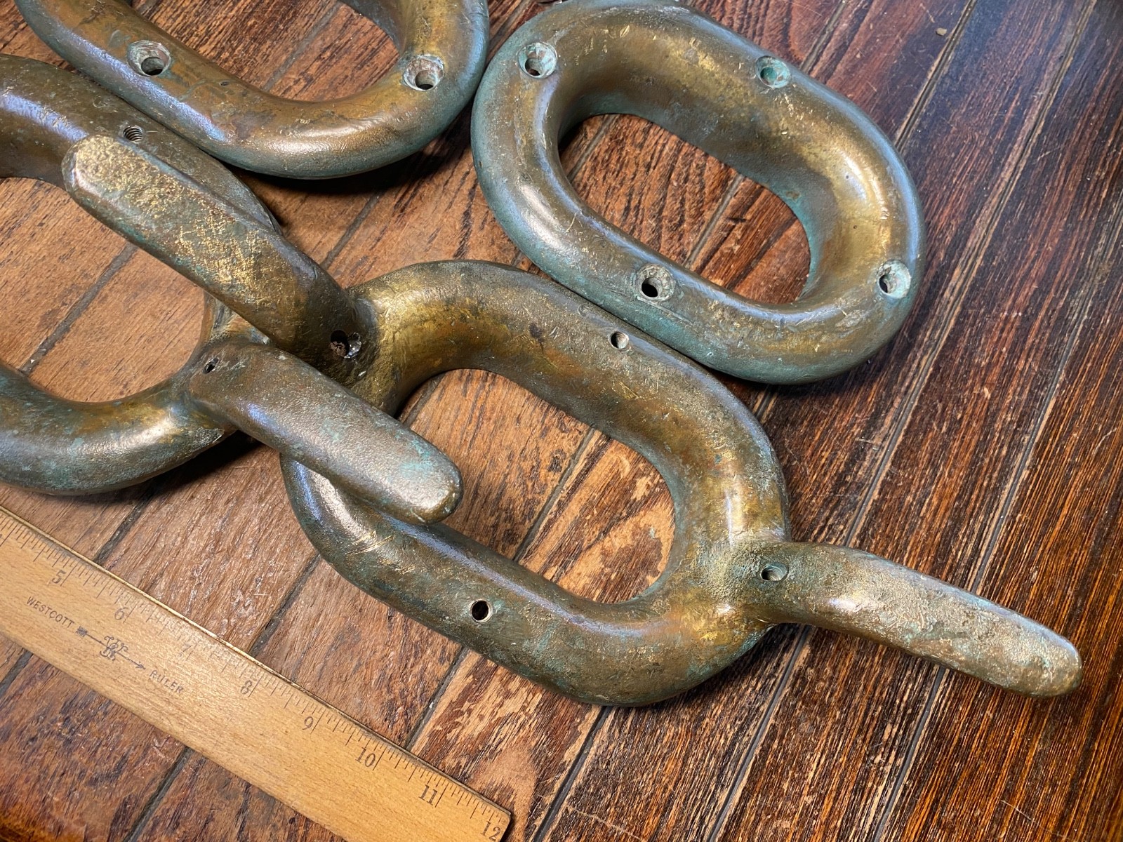 PAIR OF LARGE VINTAGE CAST BRONZE COMBINATION CLEAT/HAWSE HOLES 13" NICE PATINA!