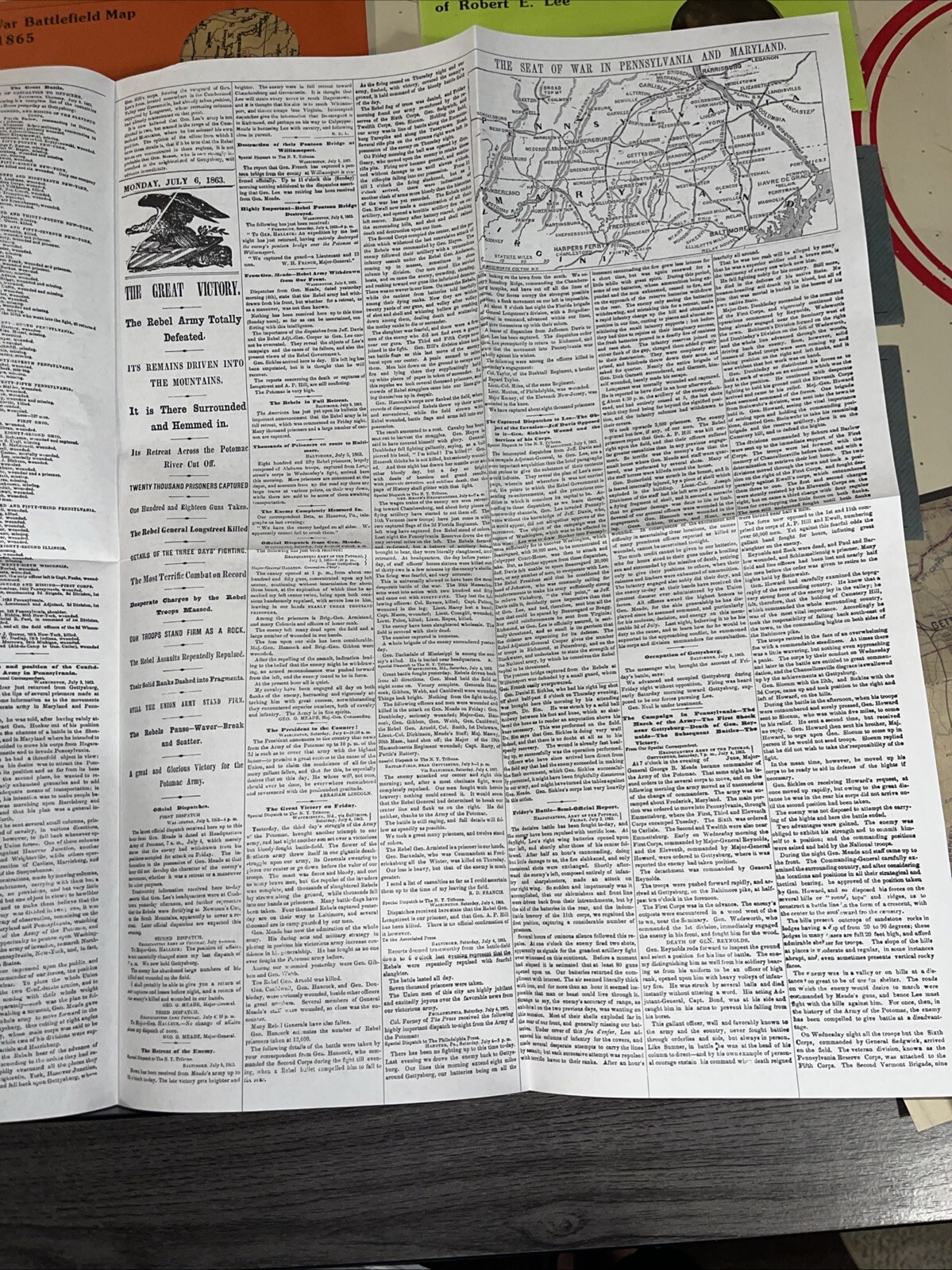 Civil War Battle of Gettysburg Reproduction Authentic Documents & Maps lot Of 8