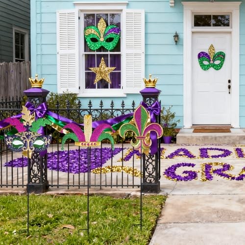 Mardi Gras Outdoor Decorations, Set of 3 Metal 36" Decorative Garden Stakes