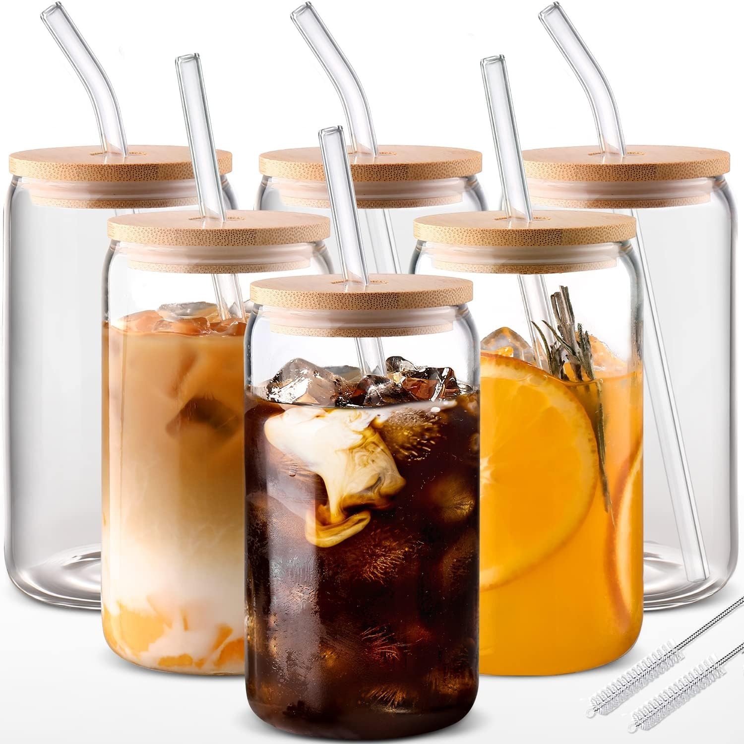 Glass Cups with Bamboo Lids & Straws 6 Pack, 16oz Iced Coffee Tumbler Set