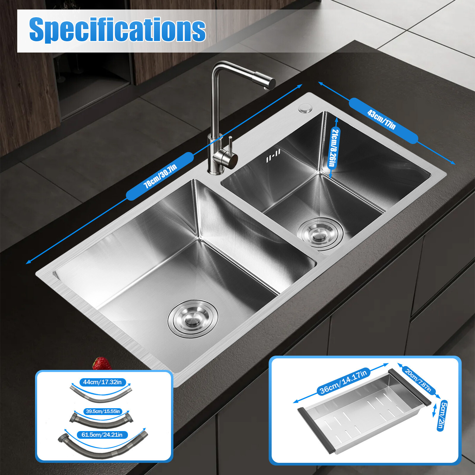 Double Bowl Composite Drop-in Kitchen Sink 2 Bowl Set Stainless Steel