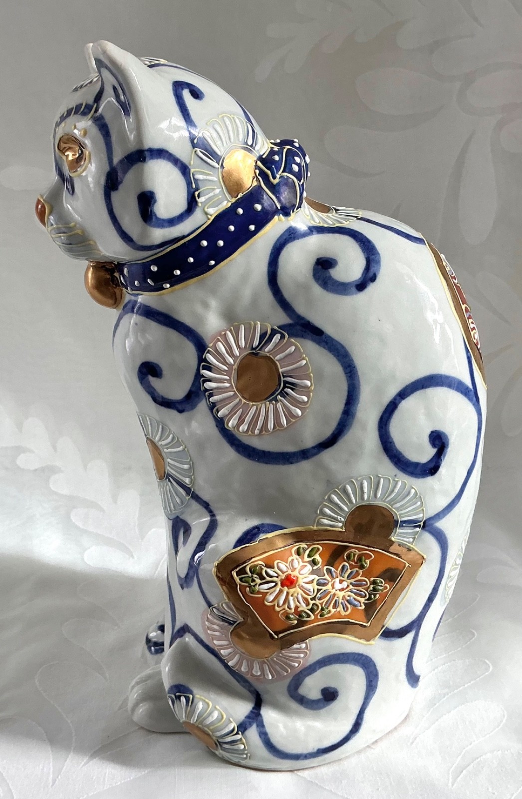 Vtg Large Kutani Cat 9" Porcelain Figurine Japanese Lucky Kitten Sculpture