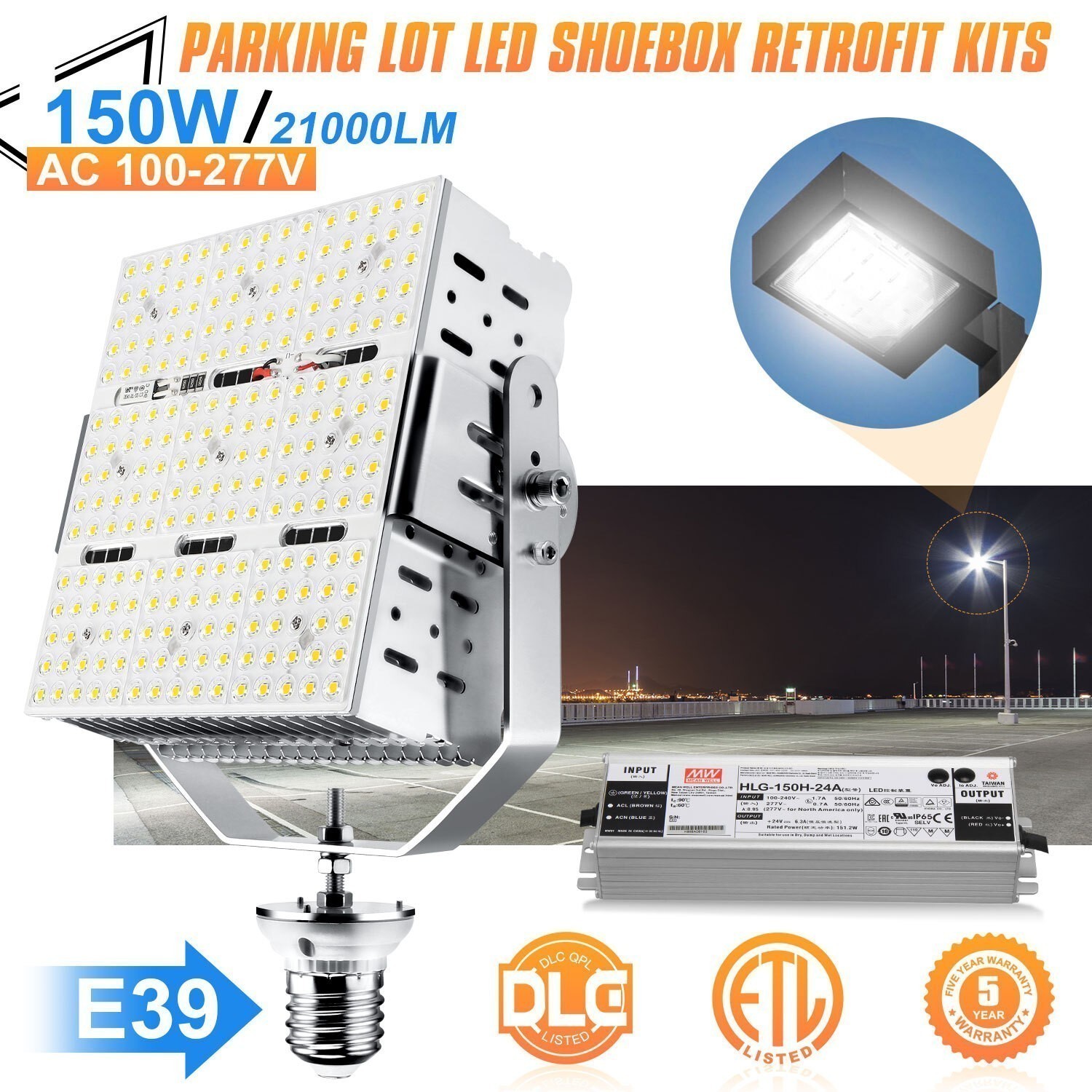 150 Watt LED Retrofit Kits Shoebox Fixture Parking Lot Commercial Lighting 5000K