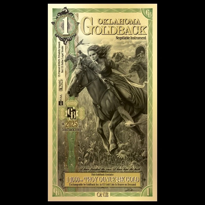 2025 - 1 OKLAHOMA Goldback Aurum Gold Foil Note 1/1000 oz 24kt .999 Fine