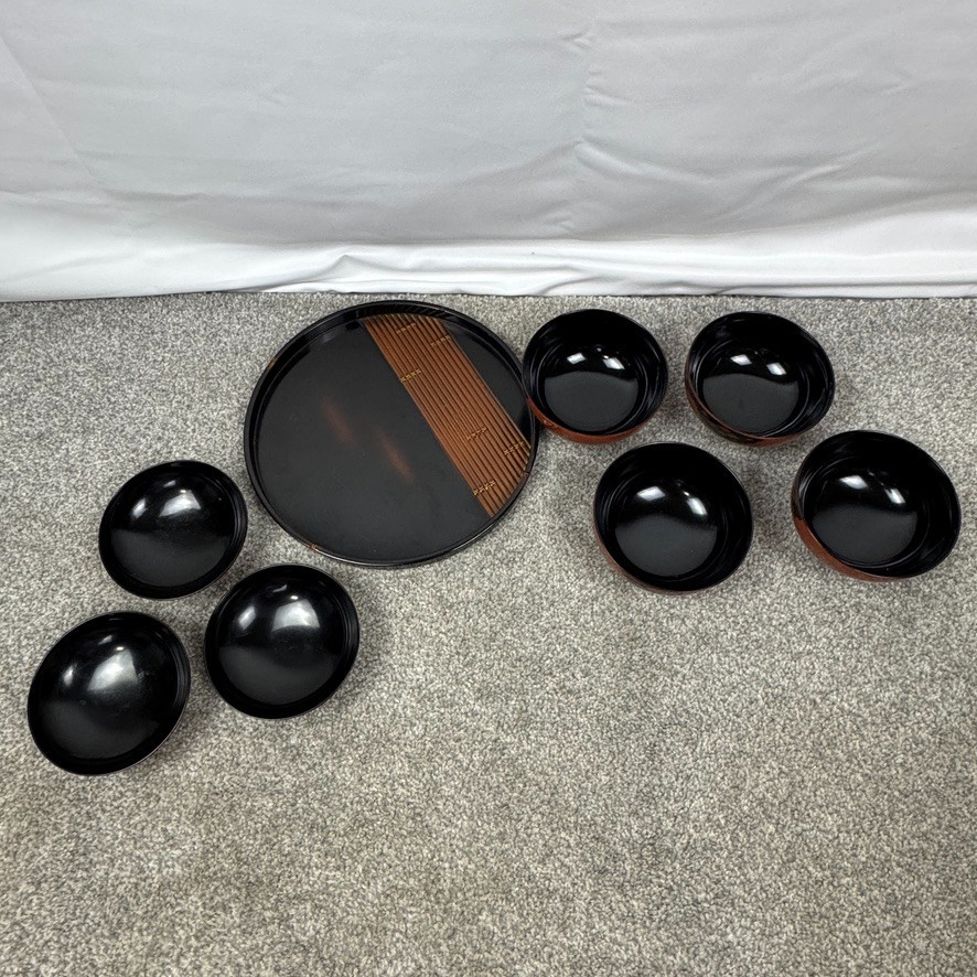 5 Showa Period Wajima-Nuri Owan Serving Bowls 3 Lids & Lacquered Wood Tray Japan