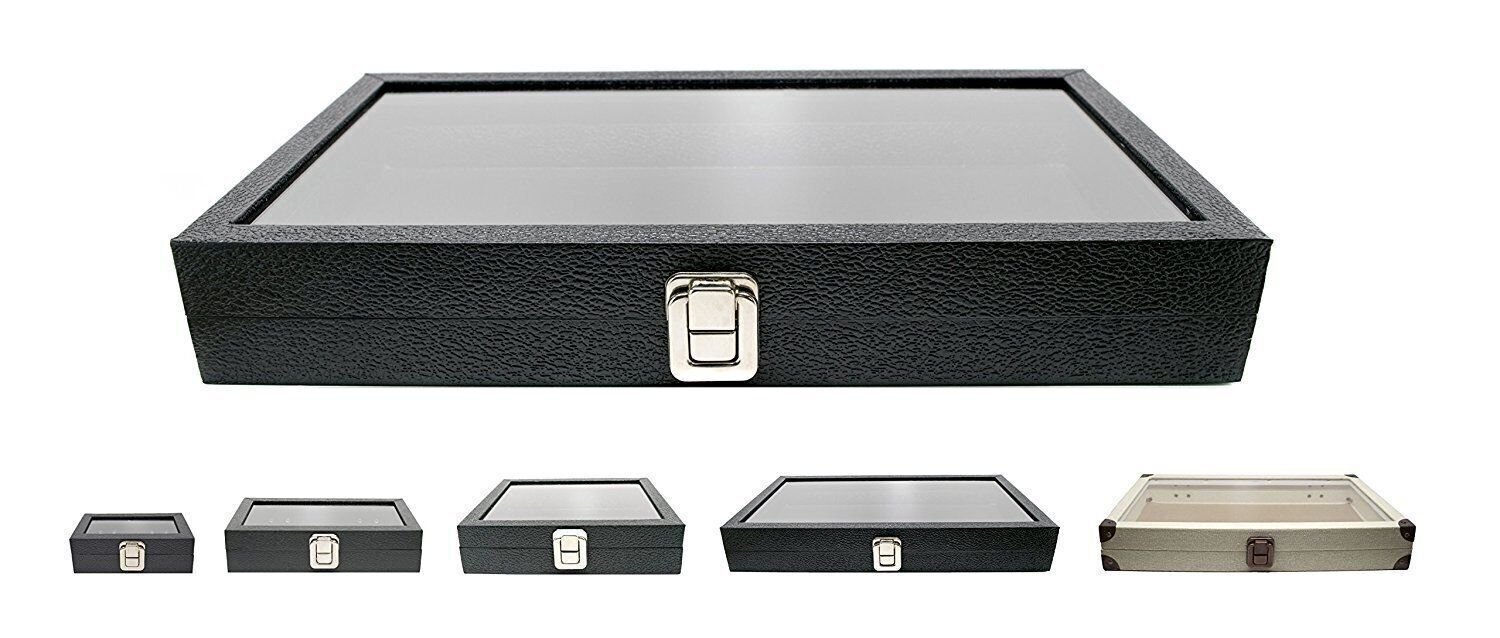 Novel Box Glass Top Black Leatherette Metal Clasp Jewelry Gem Display Case