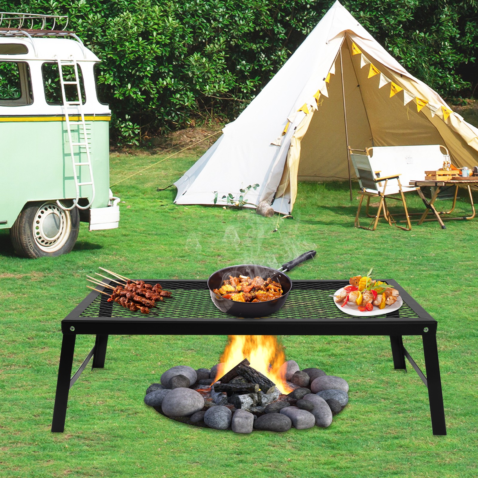 Foldable Camping Grill Fire Pit Grate Campfire Cooking Portable Stand Equipment