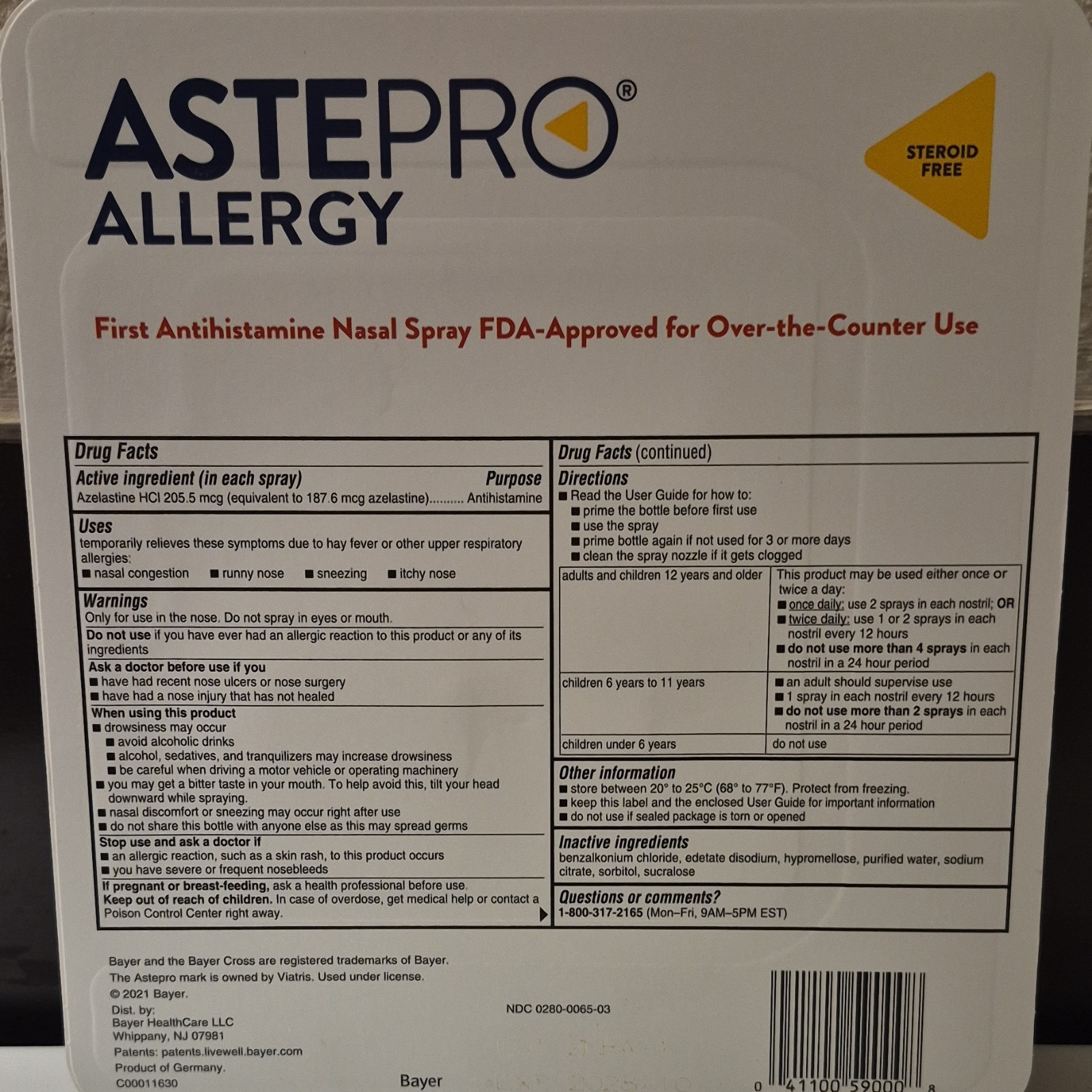 Bayer Astepro Allergy Antihistamine Nasal Spray 3 Pack Steroid Free Exp 10/2028