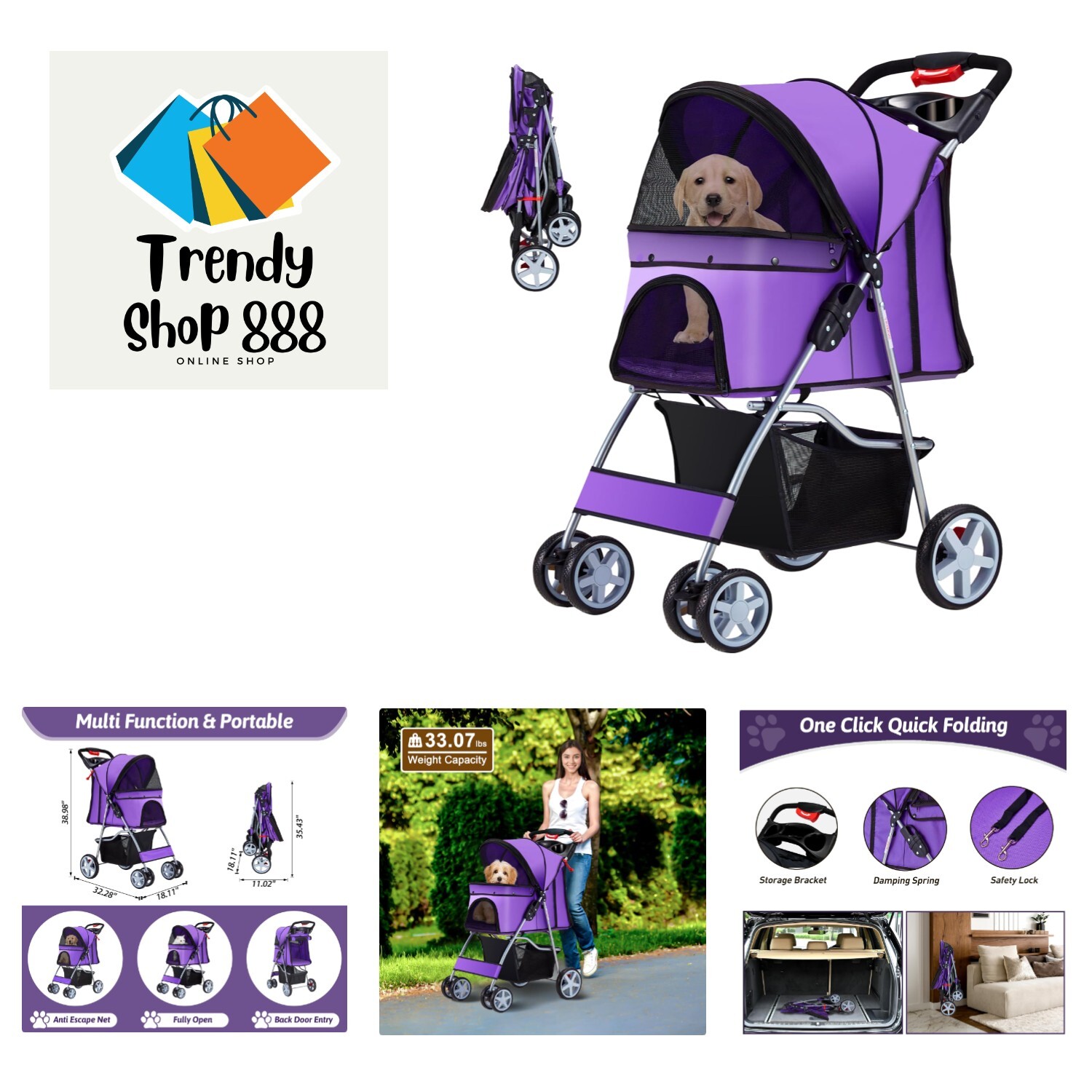Comfortable All-Season Pet Stroller - 4 Wheels, Breathable Mesh, Easy to Clean