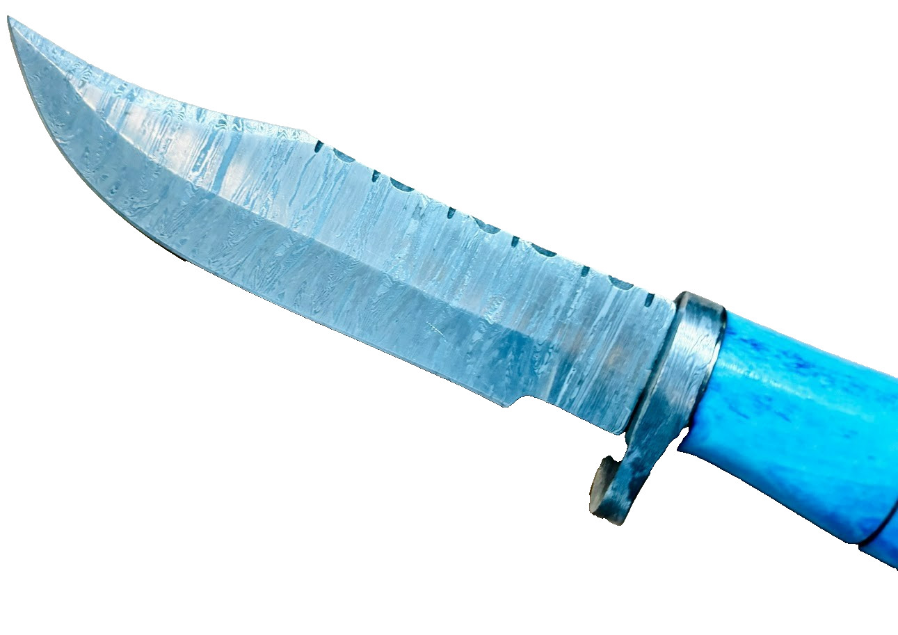 Blue Stag Bone Handle Damascus Fixed Blade Knife, Custom Made
