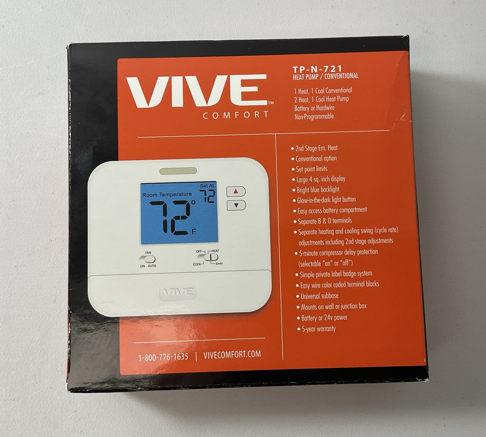 VIVE Comfort Thermostat TP-N-721 Heat Pump/Conventional-2 Heat 1 Cool Stages HP