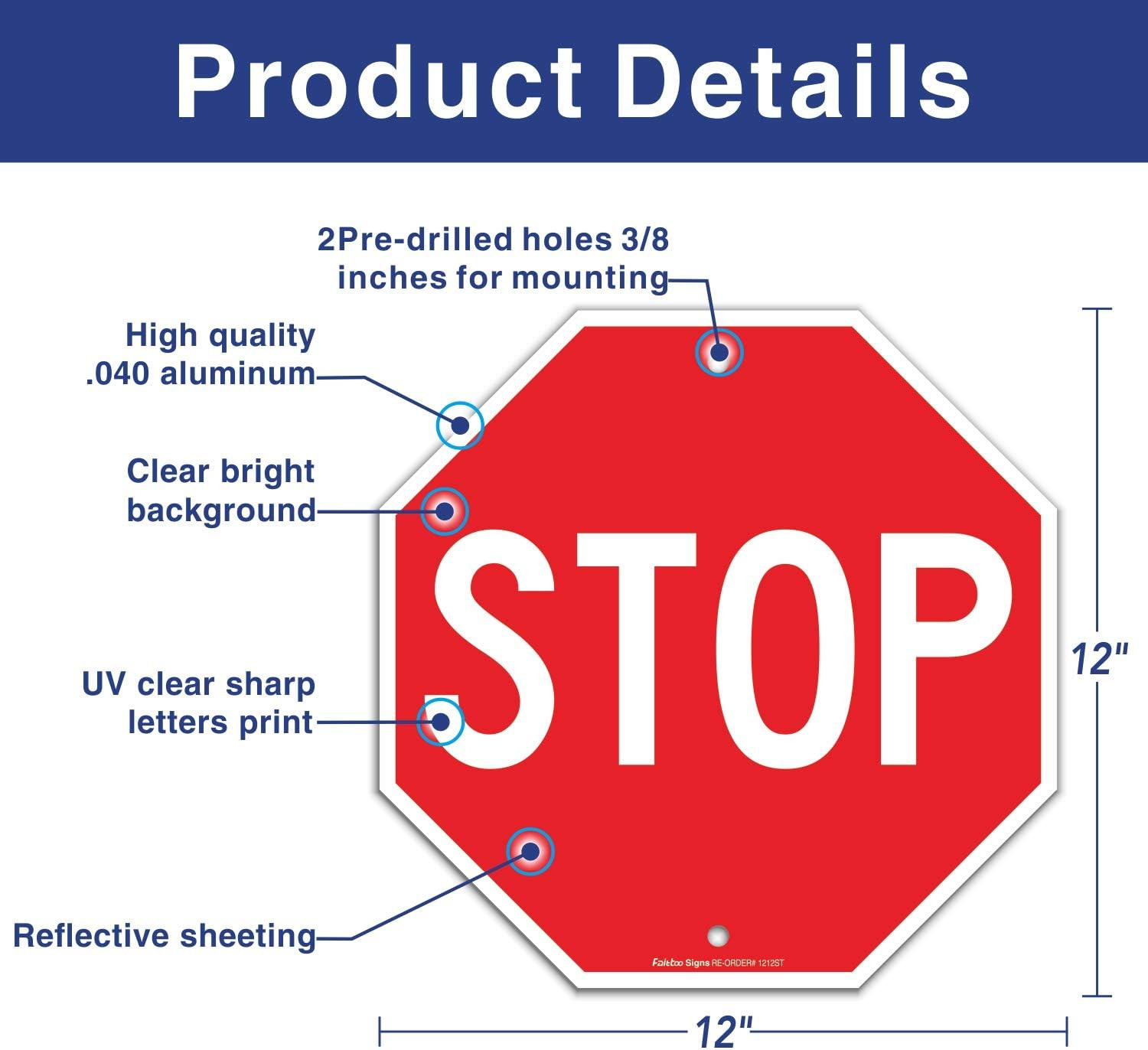 Reflective Stop Sign 12x12 Rust-Free Aluminum UV Waterproof Weather Resistant