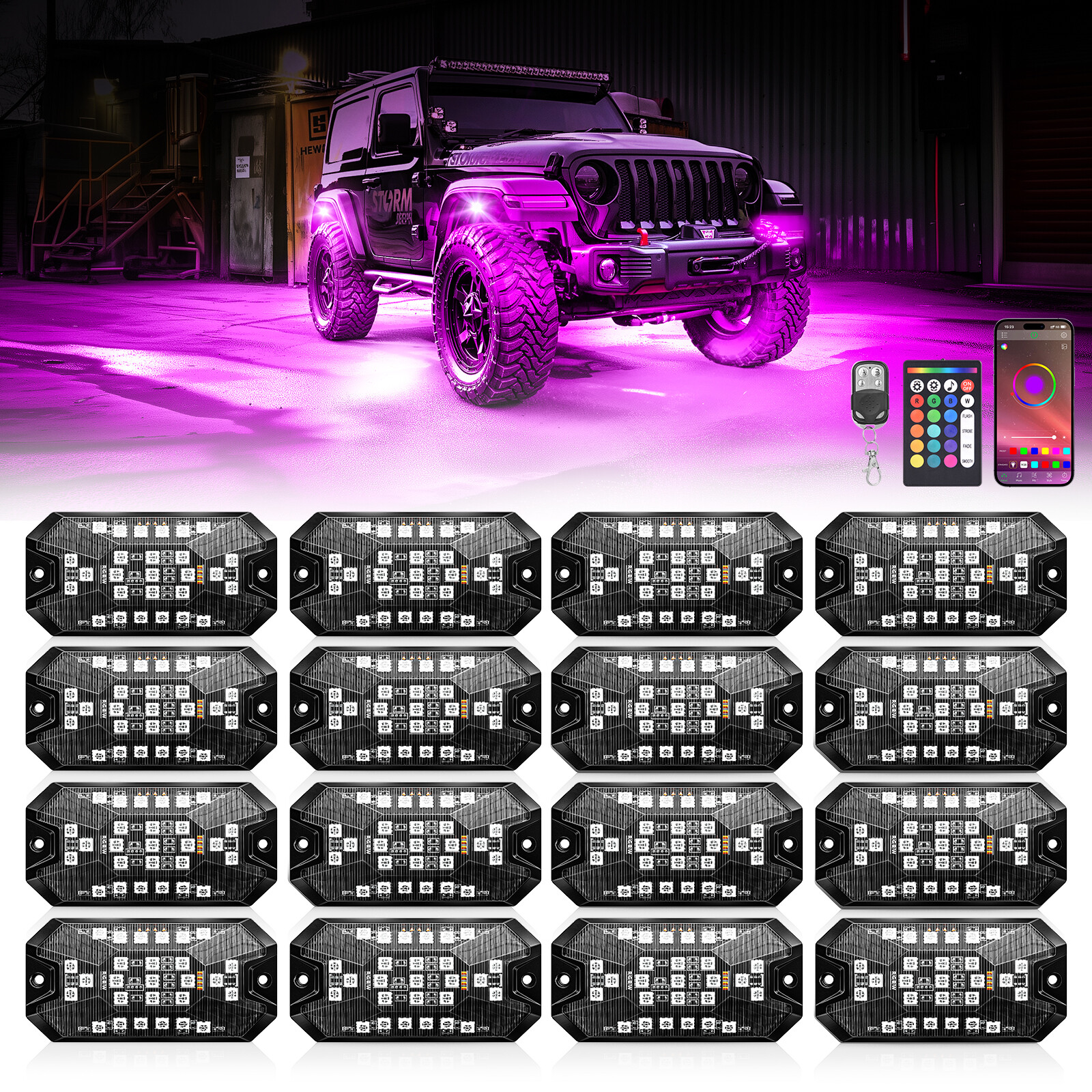 16-Pods RGBW LED Underglow Rock Lights for Trucks Cars, App & Remote Controller