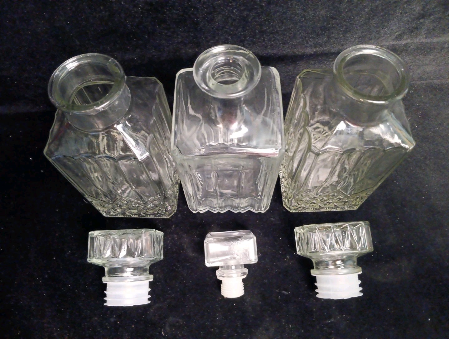 3 Square Heavy Crystal Glass 1 Glass Decanter 9"x3.5" Stoppers Great Condition