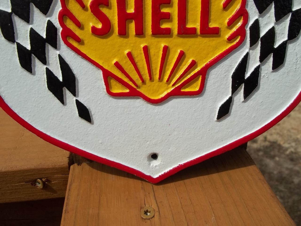 CAST IRON TRIUMPH SHELL CHECKERED FLAG WALL SIGN ADVERTISING SIGN MOTORCYCLE GAS