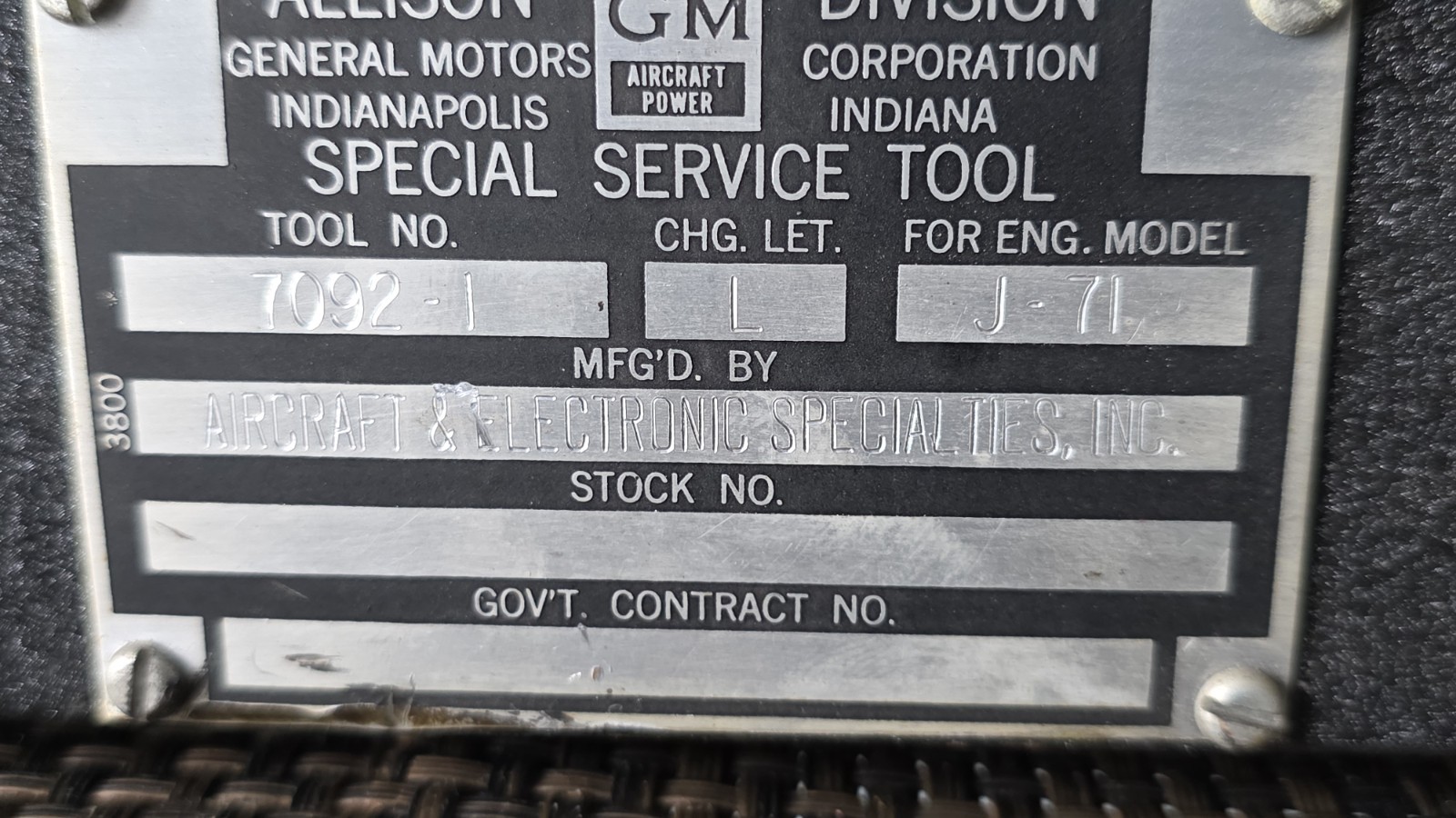 Original Allison Division - J71 Engine - GM Aircraft Power - Tool No: 7092-1