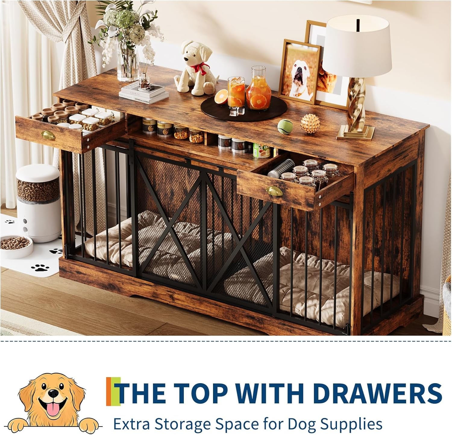 63 inch Wooden Double Dog Crate Dog Kennel Furniture TV Stand w/Divider& Drawers