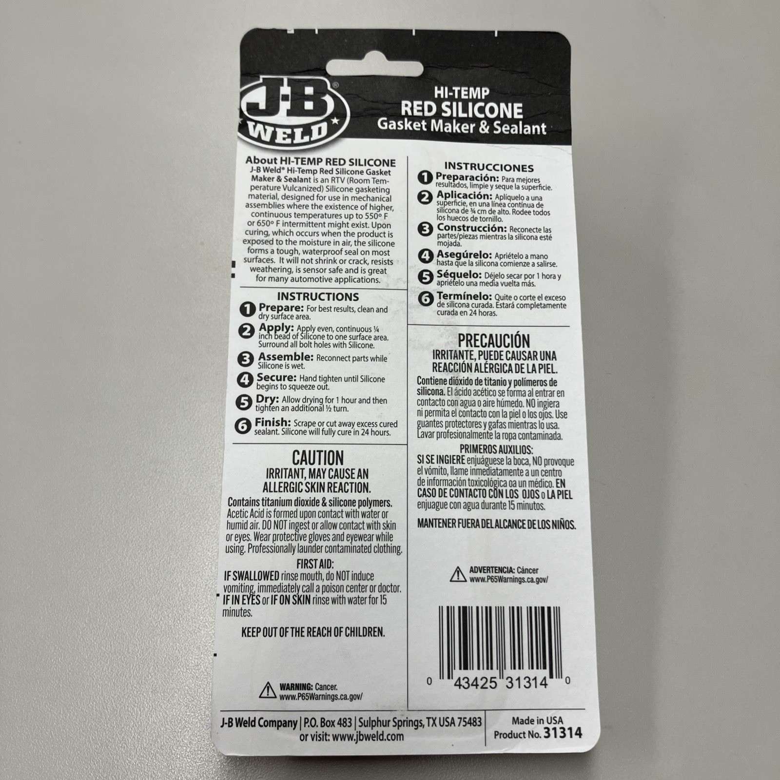 JB Weld 31314 High Temperature Red Acetoxy Silicone Sealant 3 Oz Free Shipping