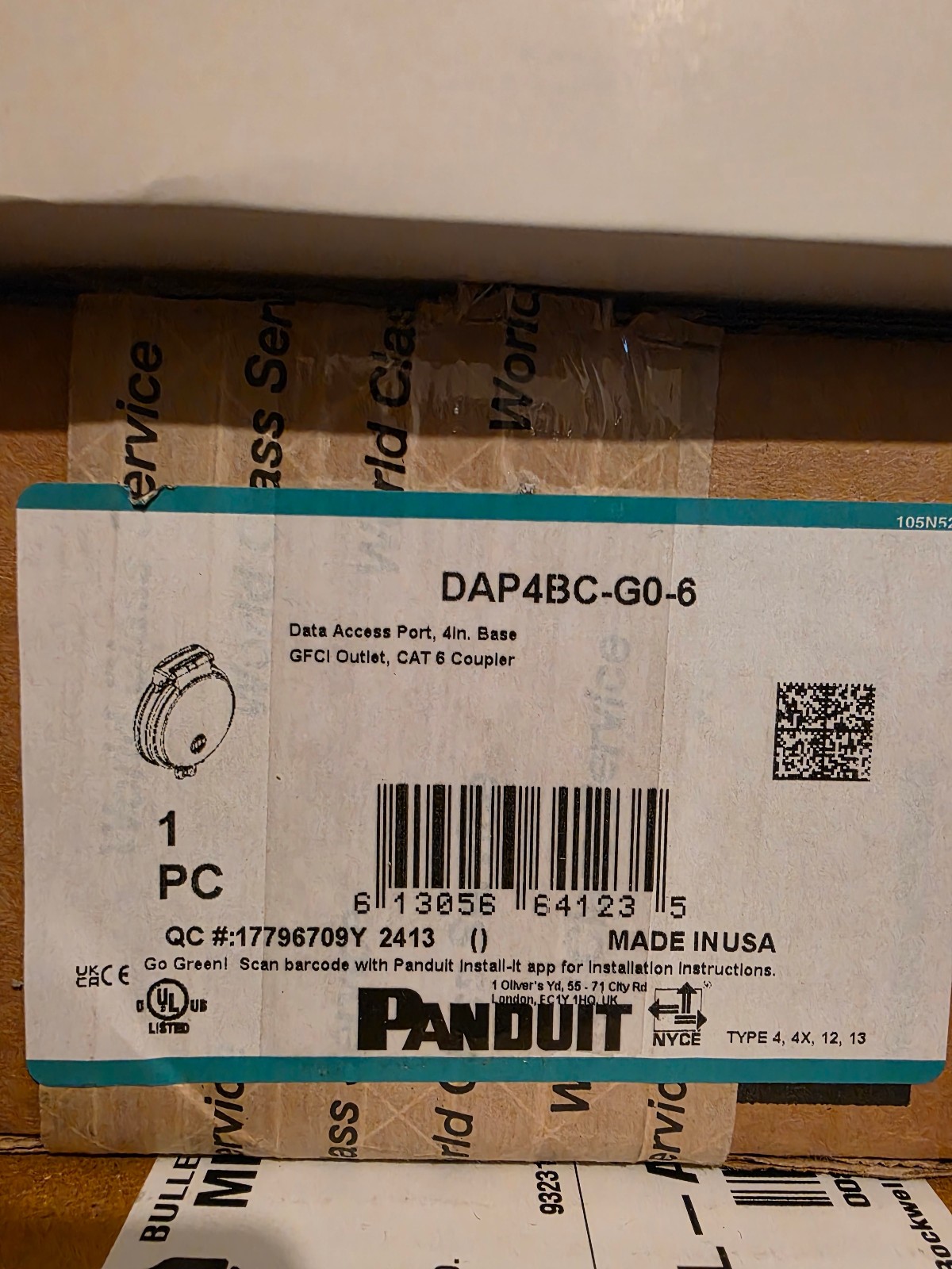 Panduit DAP4BC-G0-6, Data Access Port 4" Base, GFCI Outpet, CAT6 Coupler
