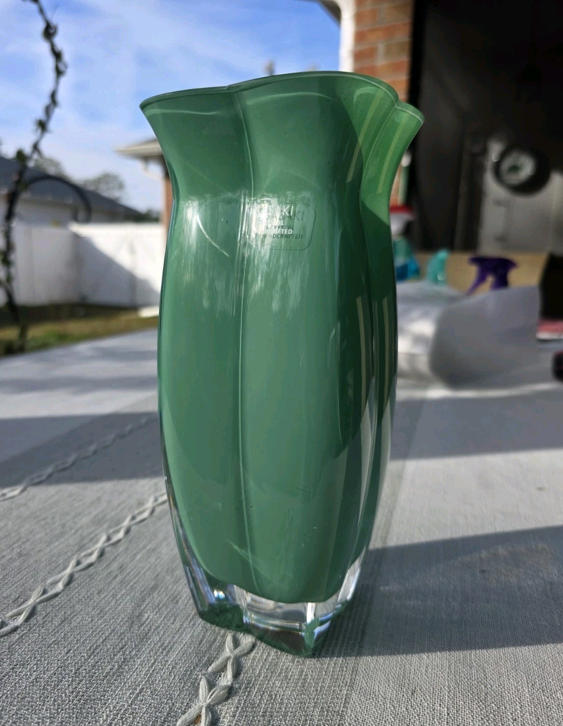 VTG Sasaki Crystal Handcrafted Spring Green Art Glass Vase 8.75" Japan Modern
