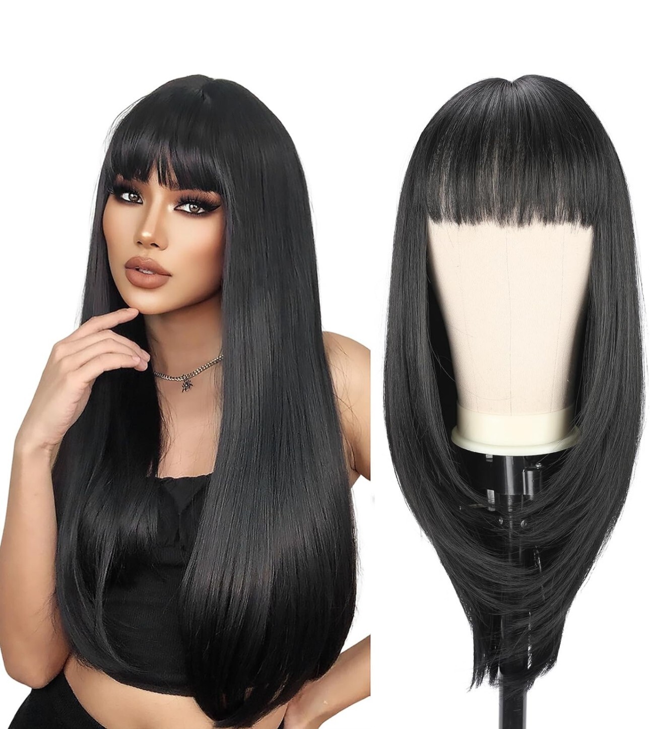 24 Inch Straight Long Black Wig with Bangs, Synthetic Hair Wigs